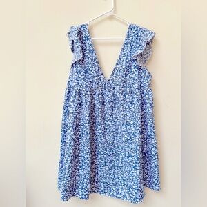 Deep V Floral Blue Mini Dress